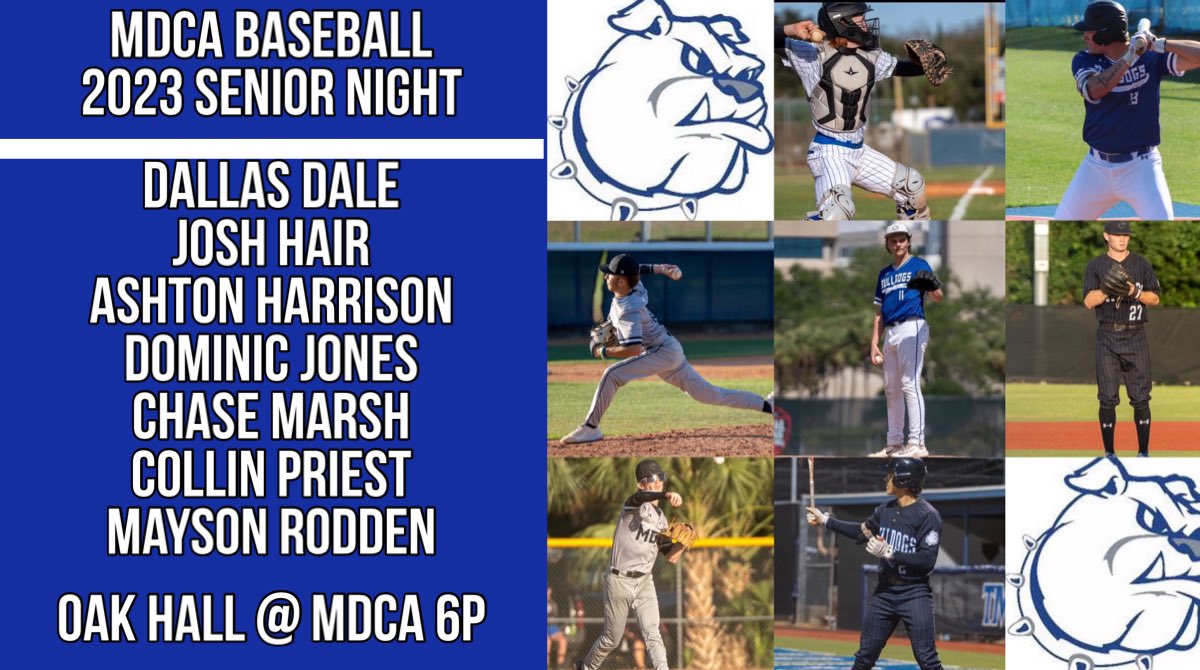 Tomorrow night is a special one! We get to pay tribute to our 2023 MDCA Bulldog Baseball Seniors.  

MDCA hosts Oak Hall Academy @ 6p w/ Senior Ceremony beginning at 5:15p. 

#MDCABaseball #2023