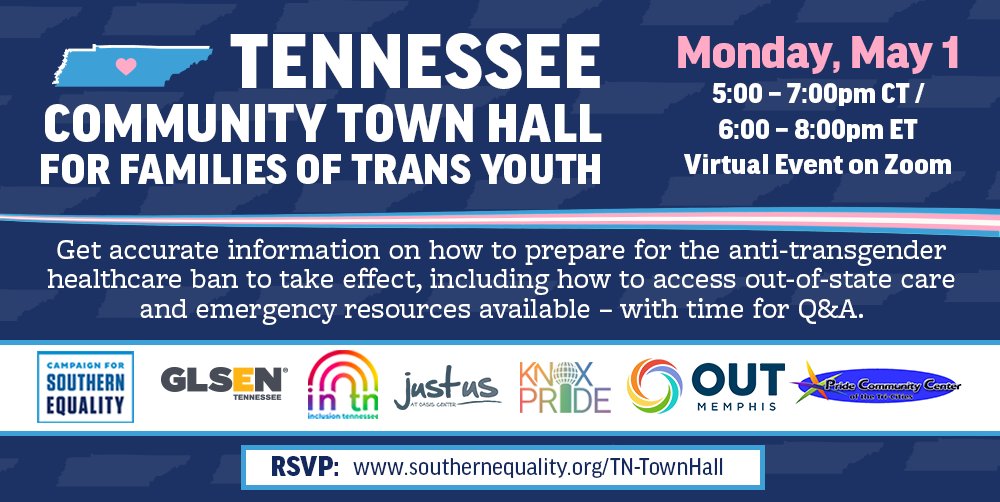 Next week! To prep for Tennessee's anti-trans healthcare ban, please join us and <a href="/inclusion_tn/">inclusion tennessee</a>, <a href="/glsen/">GLSEN</a> TN, @justusoasis, @KnoxPride, <a href="/outmemphis/">OUTMemphis</a>, &amp; Tri-Cities Pride for this virtual TN Community Town Hall on Monday, May 1 at 5pmCT/6pmET. RSVP: bit.ly/TNTownHall