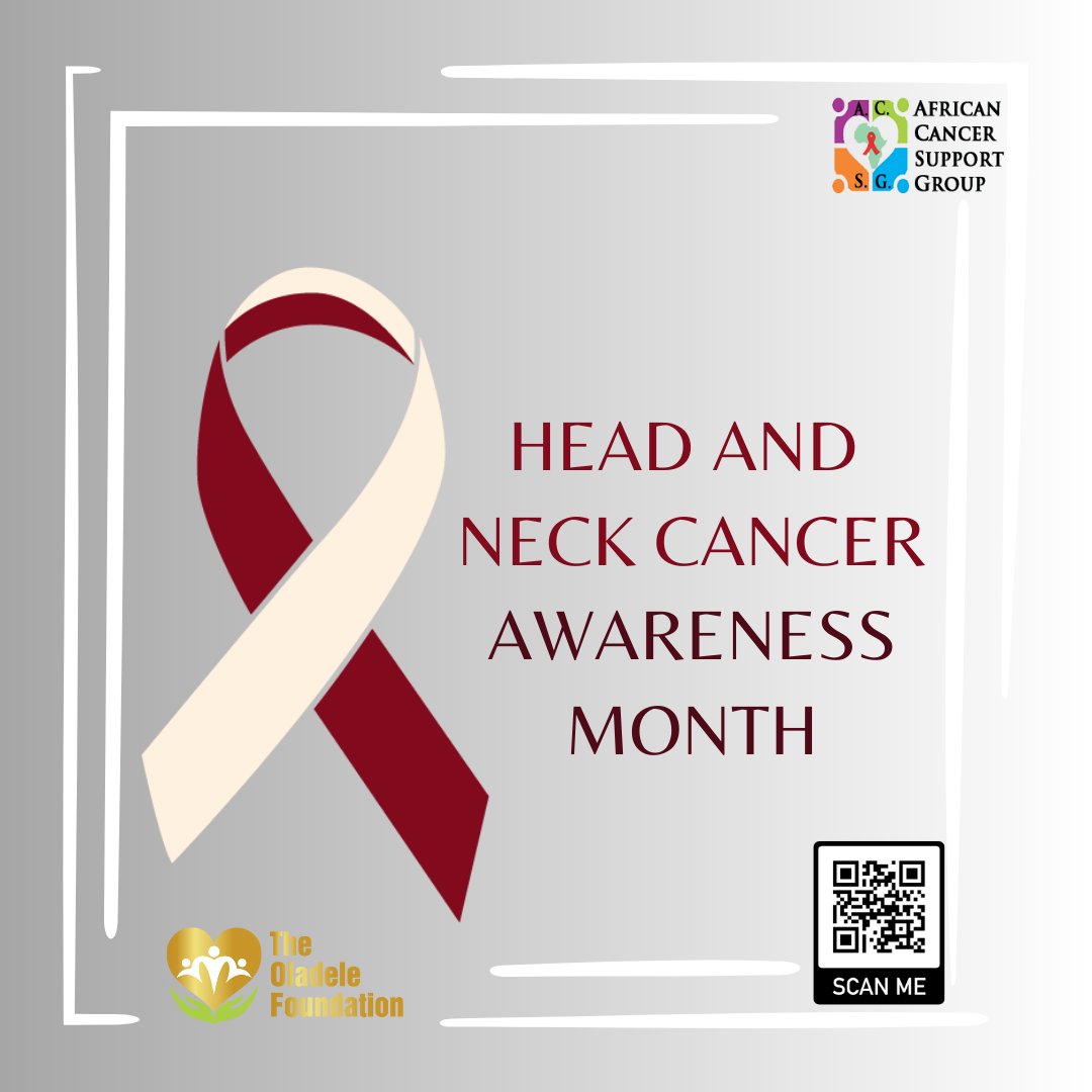 April is #HeadandNeckcancer awareness month. 
Oral and Oropharyngeal Cancers, commonly called Head & Neck cancer, begin in the squamous cells inside the mouth nose, throat, salivary glands. 

#TheOladeleFoundation #ACSG #HeadandNeckcancer #oralcancer #oropharyngealCancer #cancer