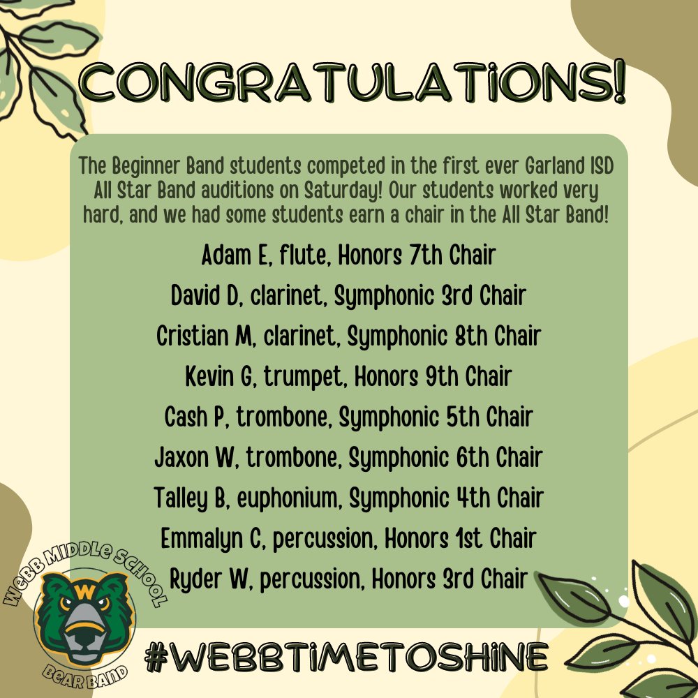 WebbMSBand's tweet photo. We are so proud of ALL of our students that auditioned for the All Star Band! We had some of our students earn a chair this weekend, and will be putting on a concert in ONE DAY on May 13th!
#WebbTimeToShine #WebbPRIDE https://t.co/0UMh3xfTh6