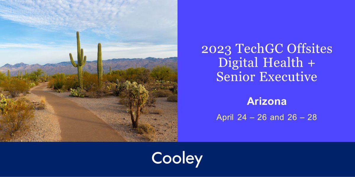 CooleyLLP's tweet photo. Cooley is thrilled to sponsor the 2023 TechGC Digital Health and Senior Executive Offsite events taking place this week in Arizona. 

Learn more about the events here: https://t.co/qDV5jVdJug

#TechGC #digitalhealth #leadership https://t.co/oDFelQP2Te