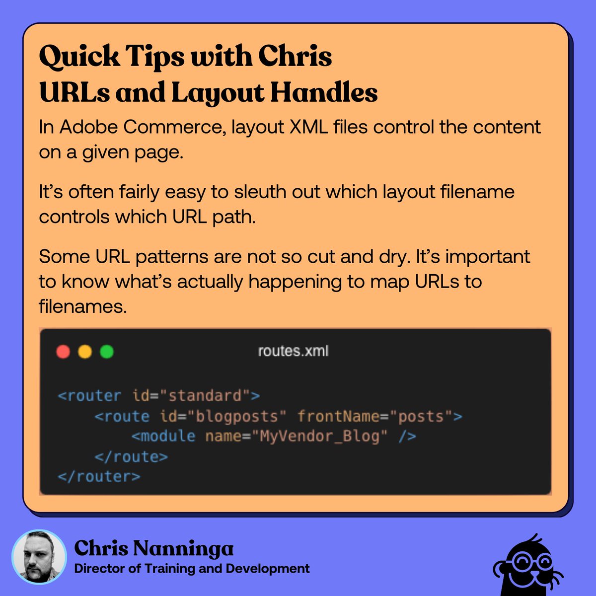 Thank you <a href="/ChrisNanninga/">Chris Nanninga</a> for this!
In Adobe Commerce, layout XML files control the content on a given page. It’s often fairly easy to sleuth out which layout filename controls which URL path, but some patterns are not so cut and dry.
Learn more: swiftotter.com/technical/quic…