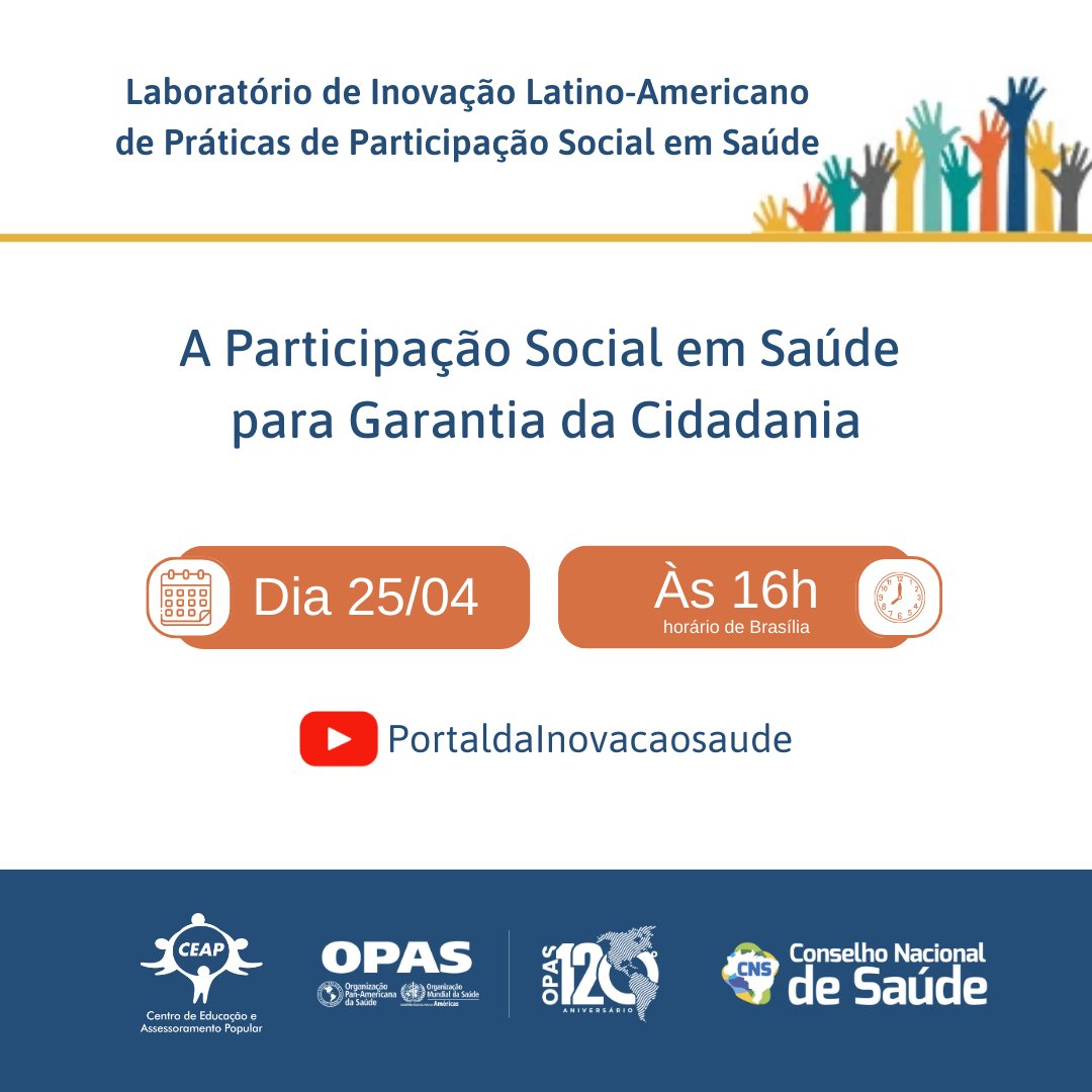OPASOMSBrasil's tweet photo. A segunda live para intercâmbio de conhecimentos do Laboratório de Inovação Latino-Americano de Práticas de Participação Social em Saúde será na 🗓️terça (25/04), às 16h (⏲️Brasília), no youtube do
@apsredes ➡️ em português, espanhol e libras. 

+INFO: https://t.co/uFKH01iDOx https://t.co/FlLOa1AQU7