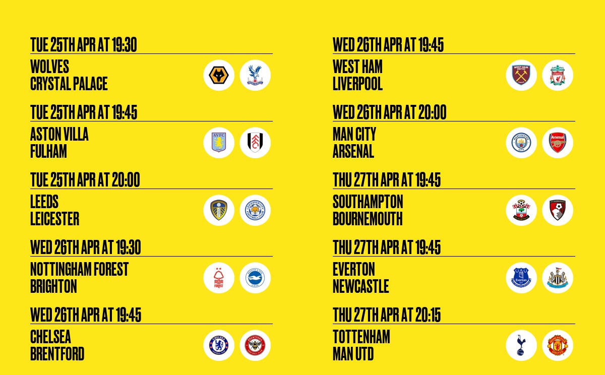 Wow what a backed mid week premier league fixture list, with probably the title decider on Wednesday, a must win game for Arsenal ⚽️ fanzo.com/en/bar/19447/m…