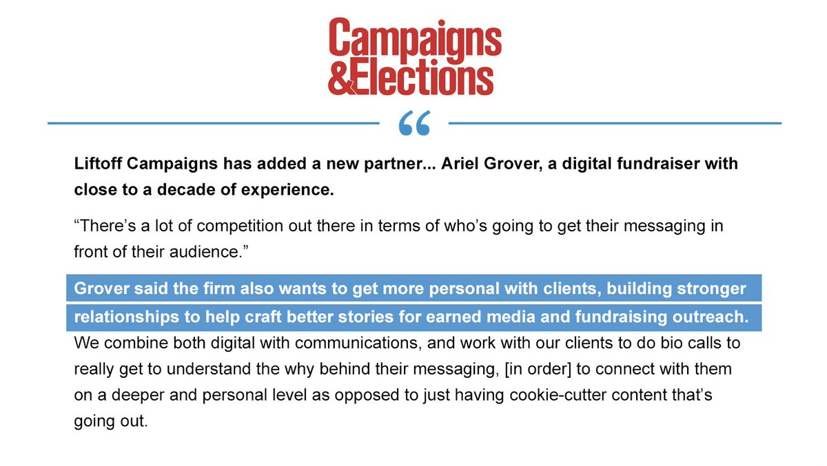 Liftoff Partner <a href="/ArielCGrover/">Ariel Grover</a> sat down with Campaigns &amp; Elections to talk about the challenges in grassroots fundraising, and how Liftoff is changing the game as the first firm to integrate digital fundraising with strategic communications.

Check it out!