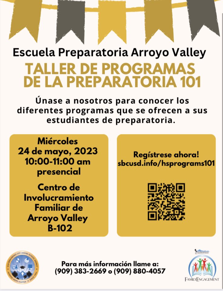Únase a nosotros para conocer los diferentes programas que se ofrecen a sus estudiantes de preparatoria. El miércoles 24 de mayo presencial de 10-11am. 

Regístrese: sbcusd.info/hsprograms101
