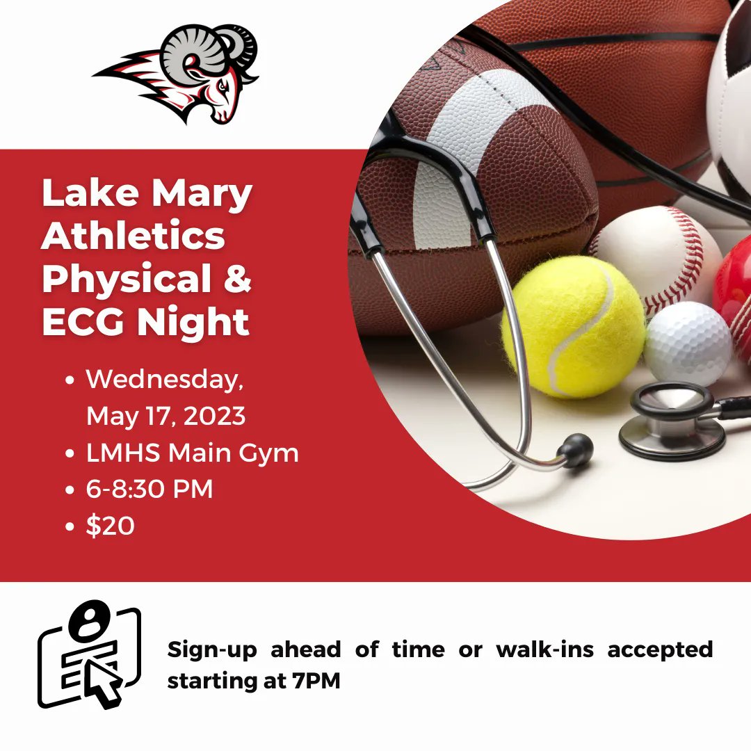 Come join us at LMHS on May 17, 2023, for our annual Physical and ECG night! For just $20, you can receive a comprehensive physical provided by Orlando Health physicians. Physicals will be provided for both middle and high school-age students!

buff.ly/40vgi69
