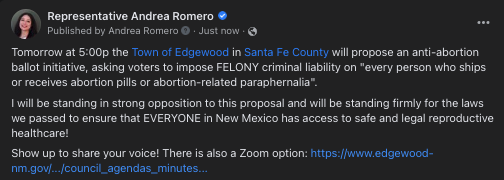 Edgewood is proposing a felony those receiving "abortion pills or abortion-related paraphernalia". I'll see y'all in Edgewood, NM tomorrow. We will not stand down while they try to take away our rights. 

Zoom option &amp; ballot proposal (p103): edgewood-nm.gov/government/cou…