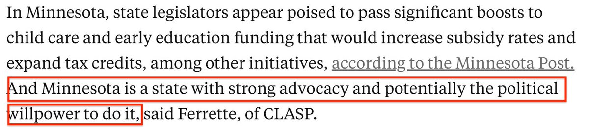 Yay MN and our 'strong advocacy' for getting childcare in our state on the national radar. 

Hey #mnleg! Everyone is watching. You want to be remembered as the #mnleg that passed necessary childcare funding, right?

#FullyFundChildcare 

Read here:
hechingerreport.org/with-emergency…