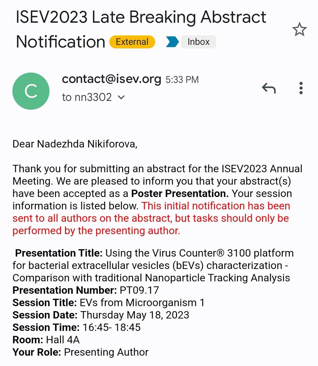 I am going to my dream conference #ISEV2023! 😍  We adapted Virus Counter Technology for bacterial #EVs detection. It is fast, cheap, and simple! Check my poster on May 18th, 16:45-18:45 in Hall 4A if you want to know more! I am happy to discuss 😊 
#ISEV #RIT #bEVs