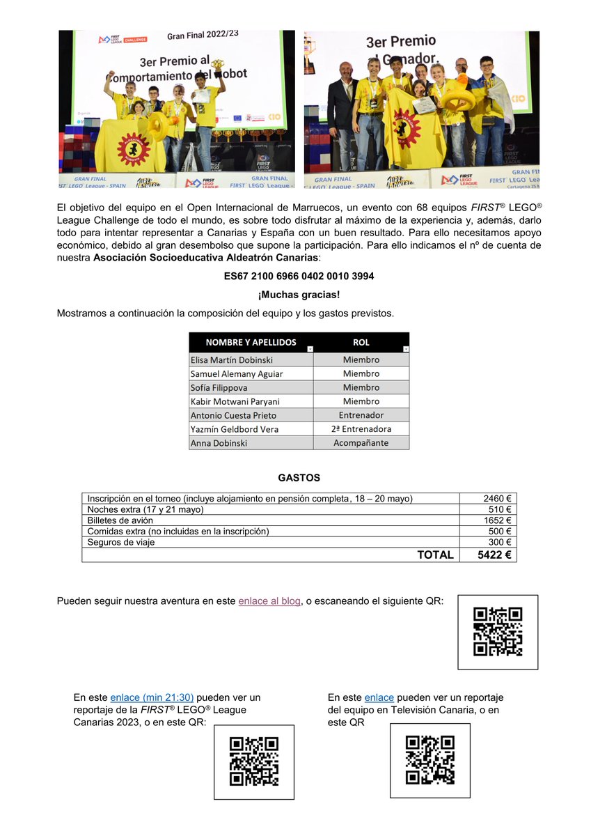¡Tenemos plaza en el Open de Marruecos! 🥳 Pero seguimos necesitando apoyo, por pequeño que sea, para cubrir parte de los gastos y así darlo todo 💪 Por ello compartimos la cuenta de nuestra Asoc. Aldeatrón Canarias: ES67 2100 6966 0402 0010 3994, y una memoria. ¡Muchas gracias!
