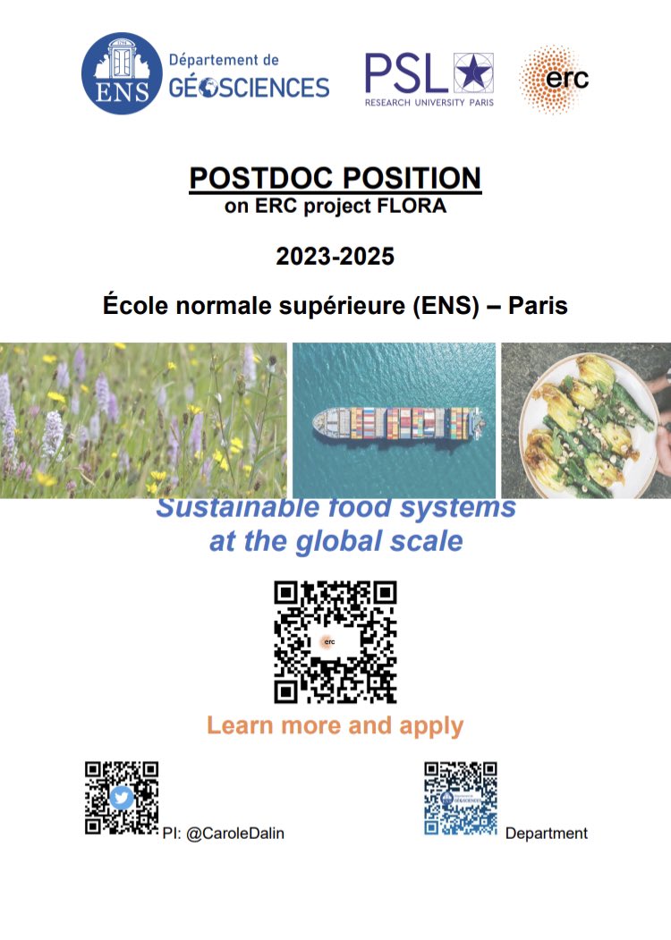 Postdoc opening @Geosciences_ENS on sustainable food systems @ERC_Research - please share and apply! #EGU23 @EuroGeosciences @EGU_BG @EGU_HS @EGU_SSS @EGU_ESD #SustainableAgriculture #water #biodiversity #climate