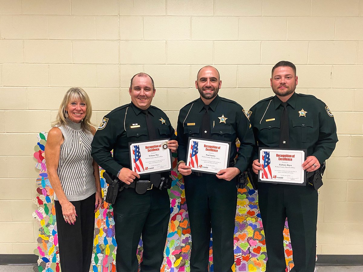 Four <a href="/WCSOFL/">Walton County Sheriff's Office, Florida</a> deputies were recognized Friday by <a href="/madd_fl/">☀️ MADD FLORIDA 🏄</a> for their work in getting drunk drivers off of our roads in Walton County.

Pictured are Deputy William May, Deputy Paul Santos, and Deputy Zachary Raya. Not pictured is Deputy James Hannawalt. Congratulations and a job