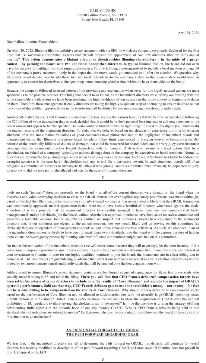 MrCorpGov's tweet photo. Icahn calls Illumina’s addition of two directors a “…blatant attempt to disenfranchise Illumina shareholders – in the midst of a proxy contest – by packing the board with two additional handpicked directors”
$ILMN #ProxySeason #CorpGov #ProxyContest https://t.co/T6dOl6MScV