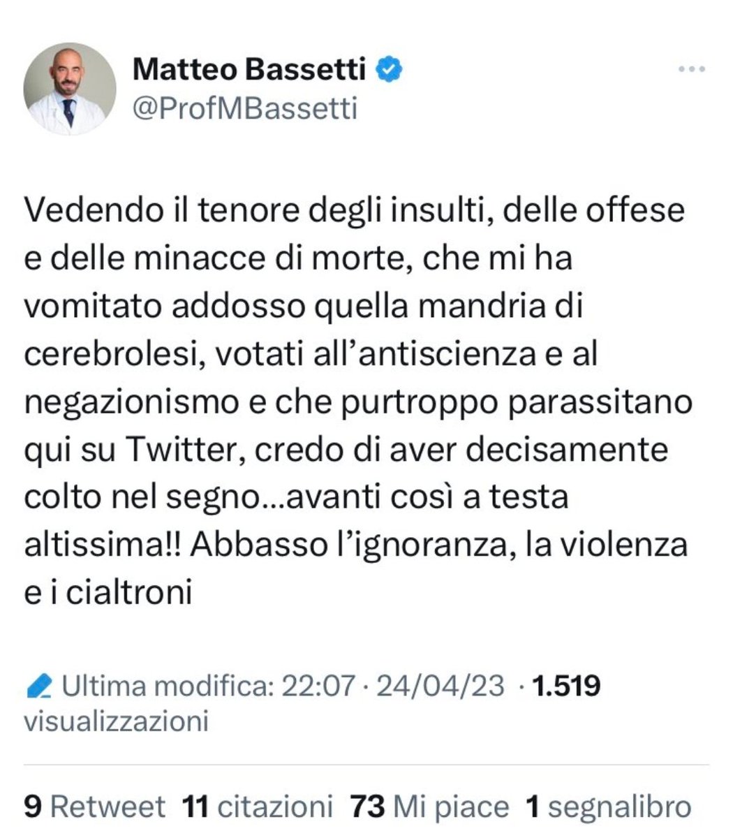 Ma oggettivamente, quando lavora questo che sta tutto il giorno a provocare i #novsx su Twitter?

Pazzesco, più incredibile i deficienti che ancora gli vanno appresso come cagnolini smarriti.

#Bassetti senza i novacchese dovrebbe lavorare come tutti i medici...