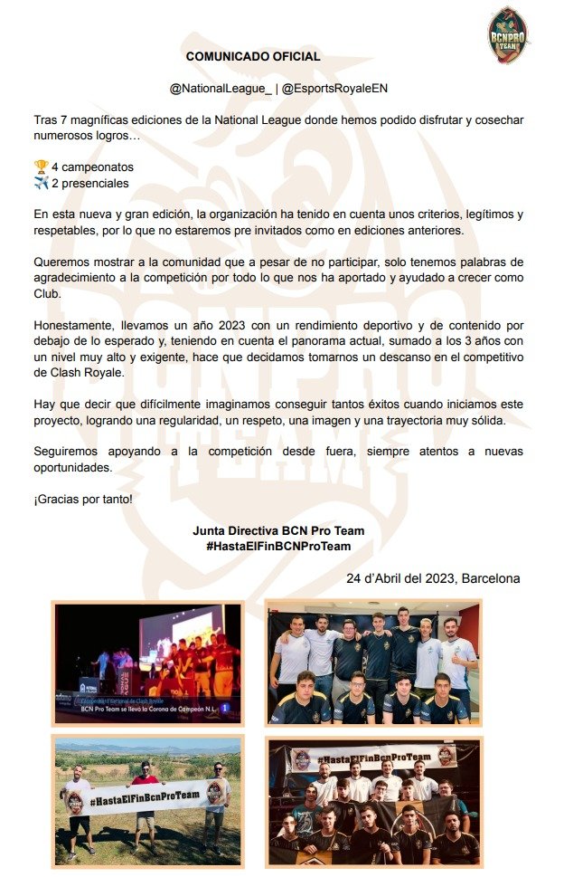 BCNProTeam's tweet image. 🚨 COMUNICADO OFICIAL 🚨

@NationaLeague_ | @EsportsRoyaleEN

#HastaElFinBCNProTeam