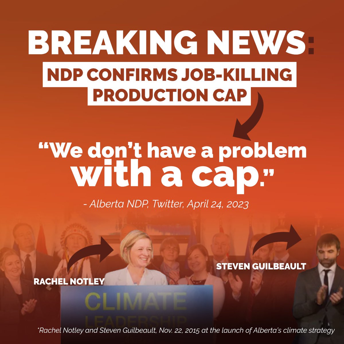 Rachel Notley has confirmed that she plans to bring in a job-killing production cap on Alberta's energy industry. Is it any wonder why Steven Guilbeault was such a fan of her climate plan? #ableg #abvote #abenergy #yyc