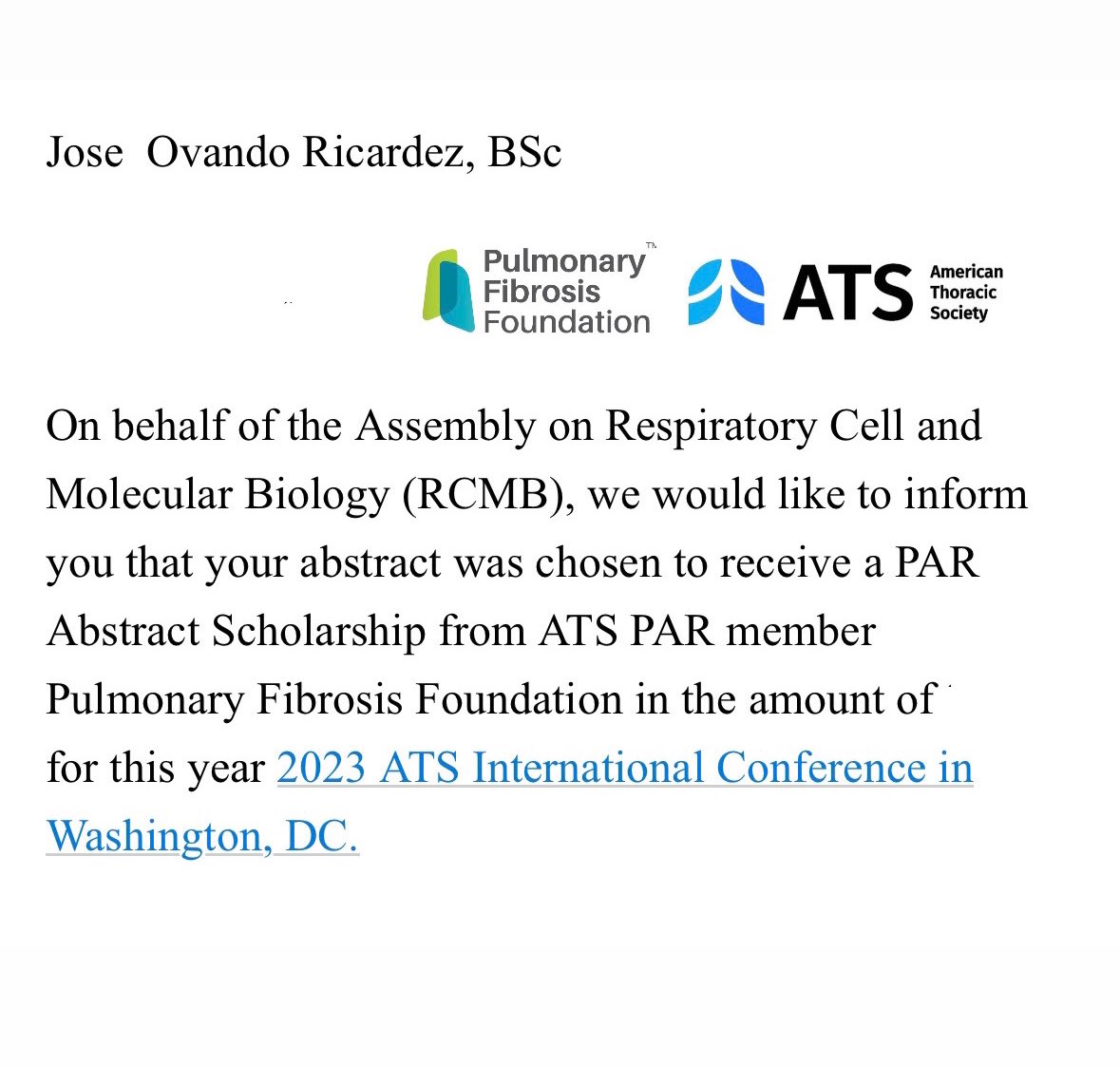 Thank you so much @PFFORG for this award, and thanks a lot to @MR_AgingLab for all the support, great teamwork! #ATS2023  #pulmonaryfibrosis