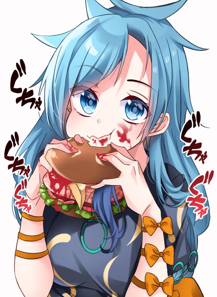 1girl food eating burger blue eyes blue hair shirt  illustration images