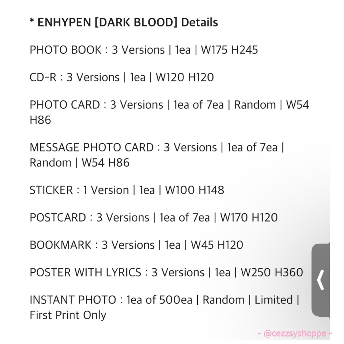 cezzsyshoppe's tweet photo. #ENHYPEN #DARKBLOOD Album &amp; #Weverse POB details:
Pre-Order prices as follows!
Random - ₱1,080
SET - ₱3,000
Engene ver. Random - ₱880
Engene ver. SET - ₱5,100
release: 5/22~29
under box 14 #KoreaPasabuy https://t.co/xG08911Ry5