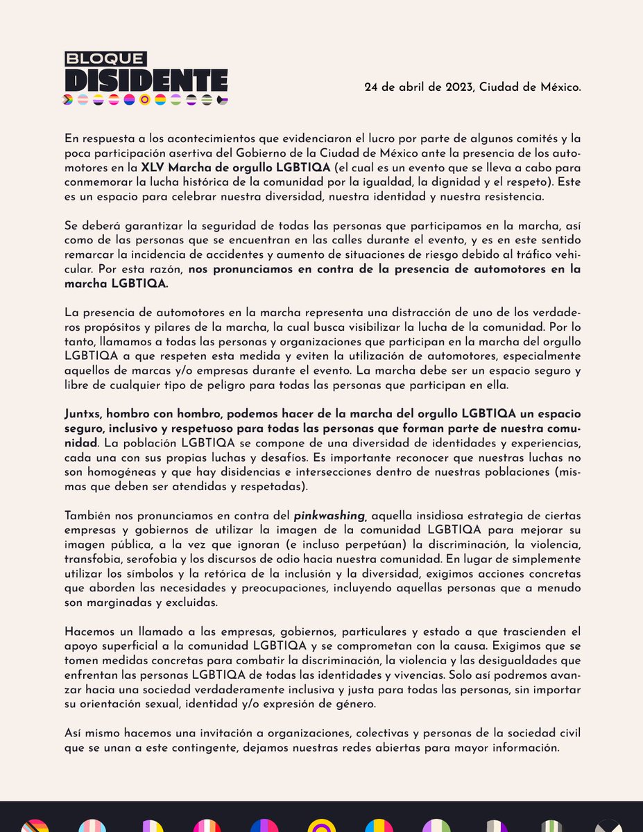 IsisMagdalena99's tweet photo. El Bloque Disidente de la Marcha LGBTTIQ+ 2023 convoca a las personas de la diversidad y/o colectivas a sumarse a la organización para que la misma retome su significado de protesta y representación real de las poblaciones y así los problemas y situaciones que vivimos sean + https://t.co/82b8Xc15oT
