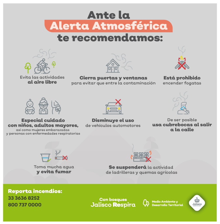 SemadetJal's tweet photo. Se activa #AlertaAtmósferica en los municipios de #Tala, #Zapopan y #Guadalajara por los #IncendiosForestales en Tala y Zapopan. 🔥🌳
Consulta más información: 👉🏻 https://t.co/ifF5KJJC0y

😷 Te invitamos a tomar en cuenta estas recomendaciones y cuidar de tu salud: https://t.co/ASYo9VU74y