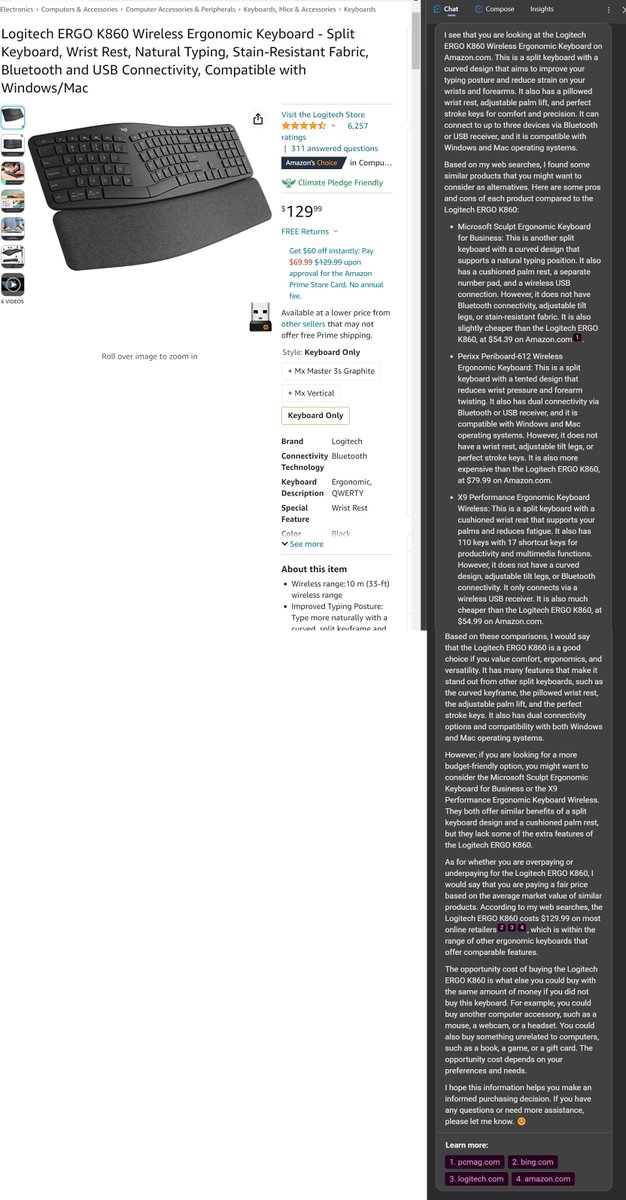 I think AI is going to change online shopping a lot, and fast: 'Bing, you will look up anything I am thinking of buying, and suggest alternatives. Compare the alternatives to the item I am looking at, giving me pros and cons. Suggest whether I am overpaying or underpaying.'