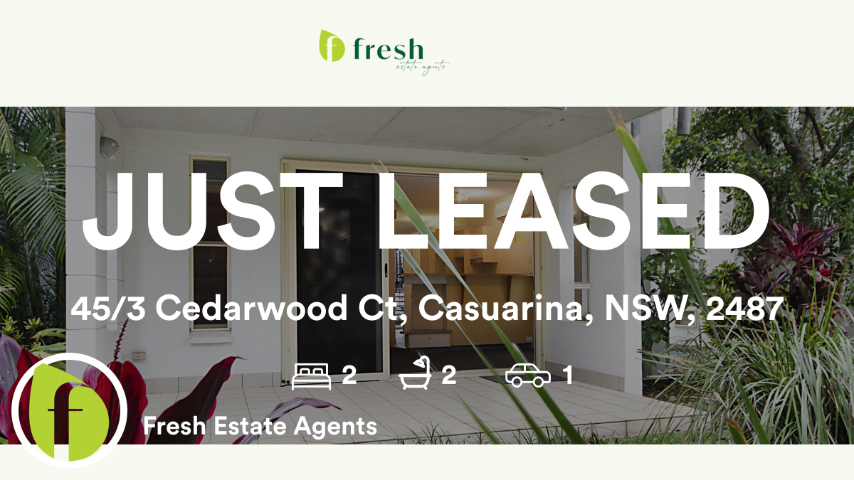 🛌 2 🛀 2 🚘 1
📍 45/3 Cedarwood Ct, Casuarina, NSW, 2487

Our latest leased rental on RateMyAgent

rma.reviews/GSZzr17cGPOt

...
#ratemyagent #realestate #Fresh_Estate_Agents