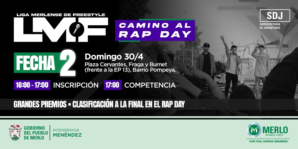 SDJuventudes's tweet photo. SEGUNDA FECHA DE LA LMF 🎤
Continuamos con #LigaMerlenseDeFreestyle y la llevamos a Barrio Pompeya para seguir difundiendo la cultura del rap local.

✨ ¡No te lo pierdas!

#SDJ #Juventudes #IntendenciaMenéndez #Merlo #MerloCapitalDeLasJuventudes @merlogob https://t.co/1z2wO5gOgT