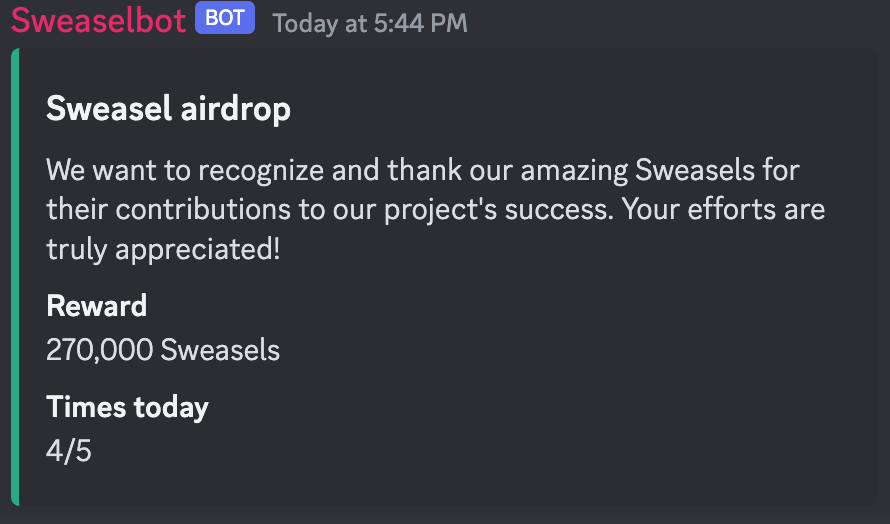 SweaselToken's tweet photo. Want $SWZ rewards? It's easy to register and start earning in our Discord server!

1. Join server
2. verify then type /register
3. Tweet >50 char. and mention @SweaselToken
4. Copy &amp; paste the tweet link in the discord. 
5. ???? (Sweasel bot sweasels)
6. profit in $SWZ

#airdrop https://t.co/IRBpQTZVPr