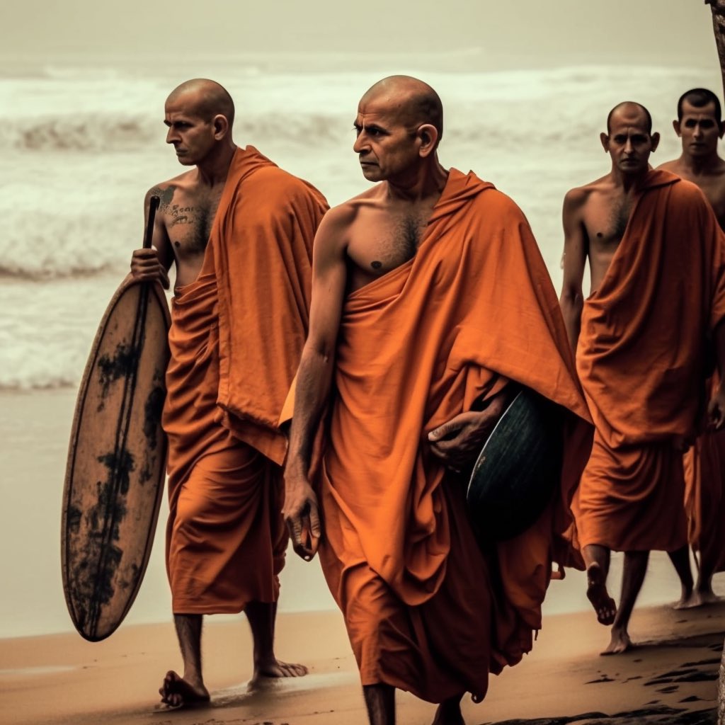 dxmid's tweet photo. 🏄‍♂️🧘‍♂️ Unforgettable morning in #Ahangama! #Buddhist monks swapped their meditation routines for surf sessions, riding waves and spreading good vibes. Their unique approach to inner balance is surfing waves! Share your thoughts #SurfingMonks  #dxmid #ai 🌊✌️ https://t.co/kMrpjcZOC6