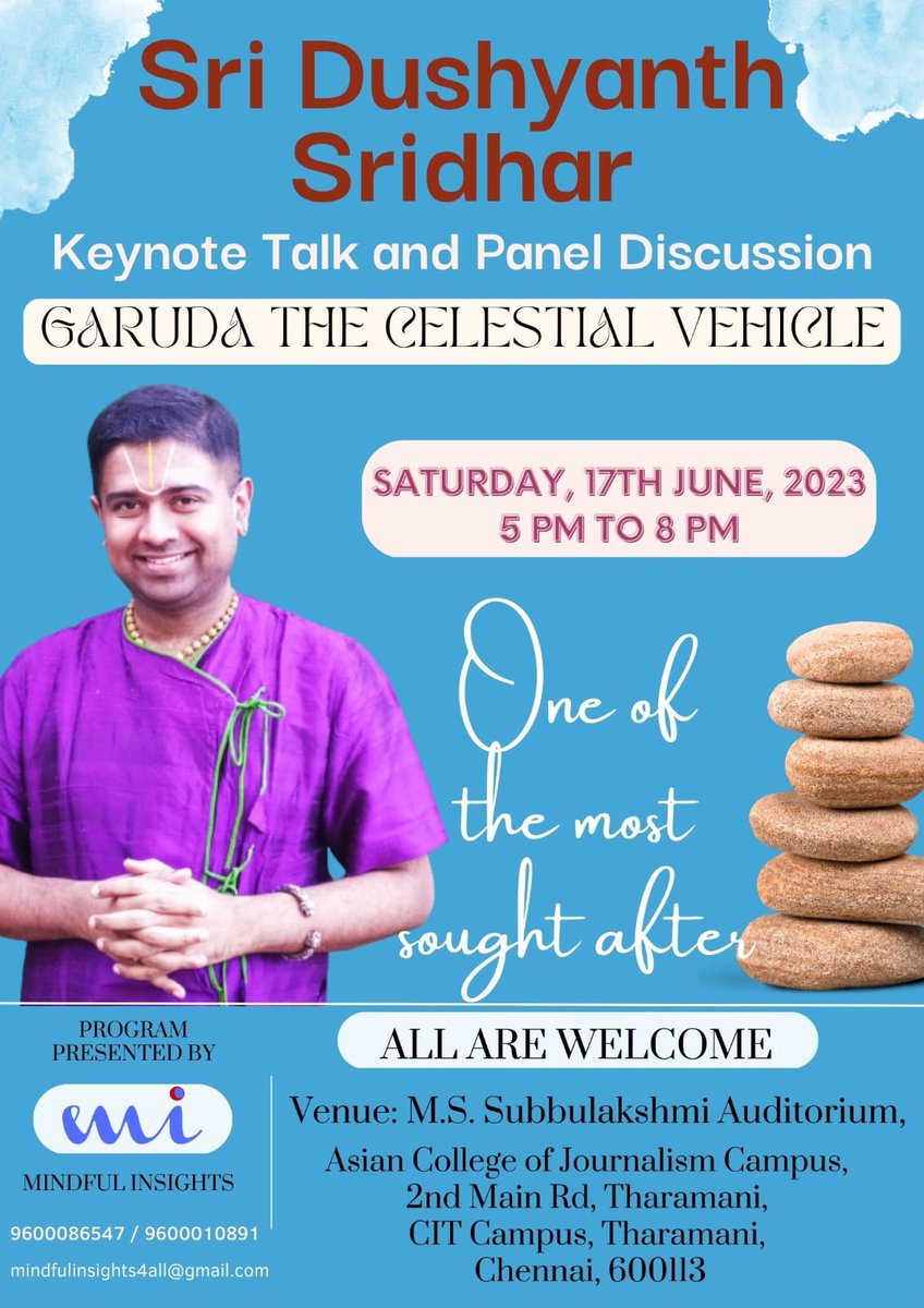 dushyanthsridar's tweet photo. Limited seats. Register now - It's FREE!

An English talk on 'Garuda - the celestial vehicle' (Lessons for hearty mind) on 17-Jun-2023 in Chennai (Presented by MindFul Insights at M.S.Subbulakshmi Auditorium, Tharamani)

Link: https://t.co/8QPaiz8uY3 https://t.co/ZsSXgaVFEq