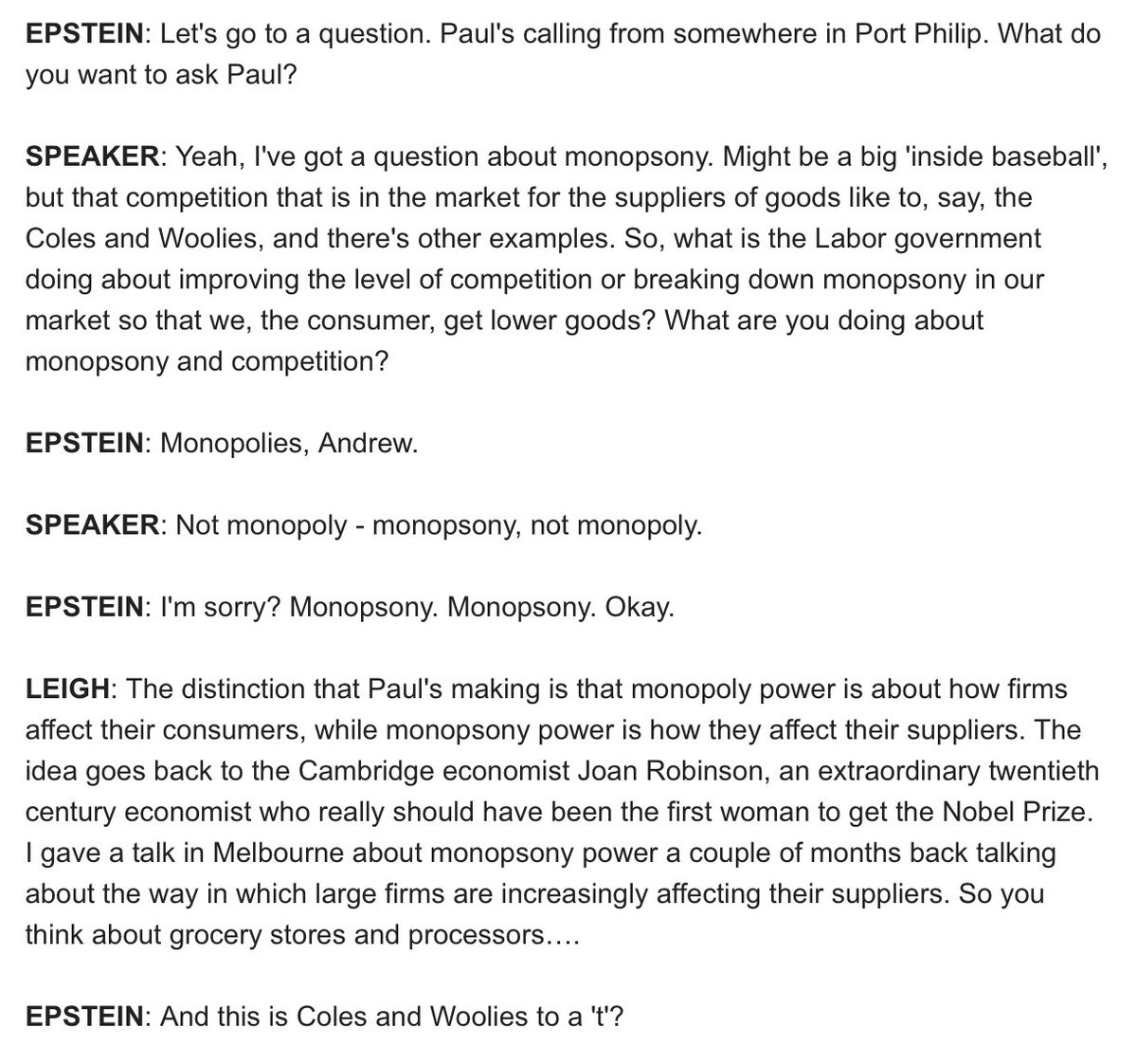 ALeighMP's tweet photo. I’ve done plenty of talkback, but this chat with @Raf_Epstein on @abcmelbourne was the first time a caller wanted to discuss monopsony power https://t.co/YW02fwA4VQ #auspol #ausecon #inequality https://t.co/mdU79EDvZ3