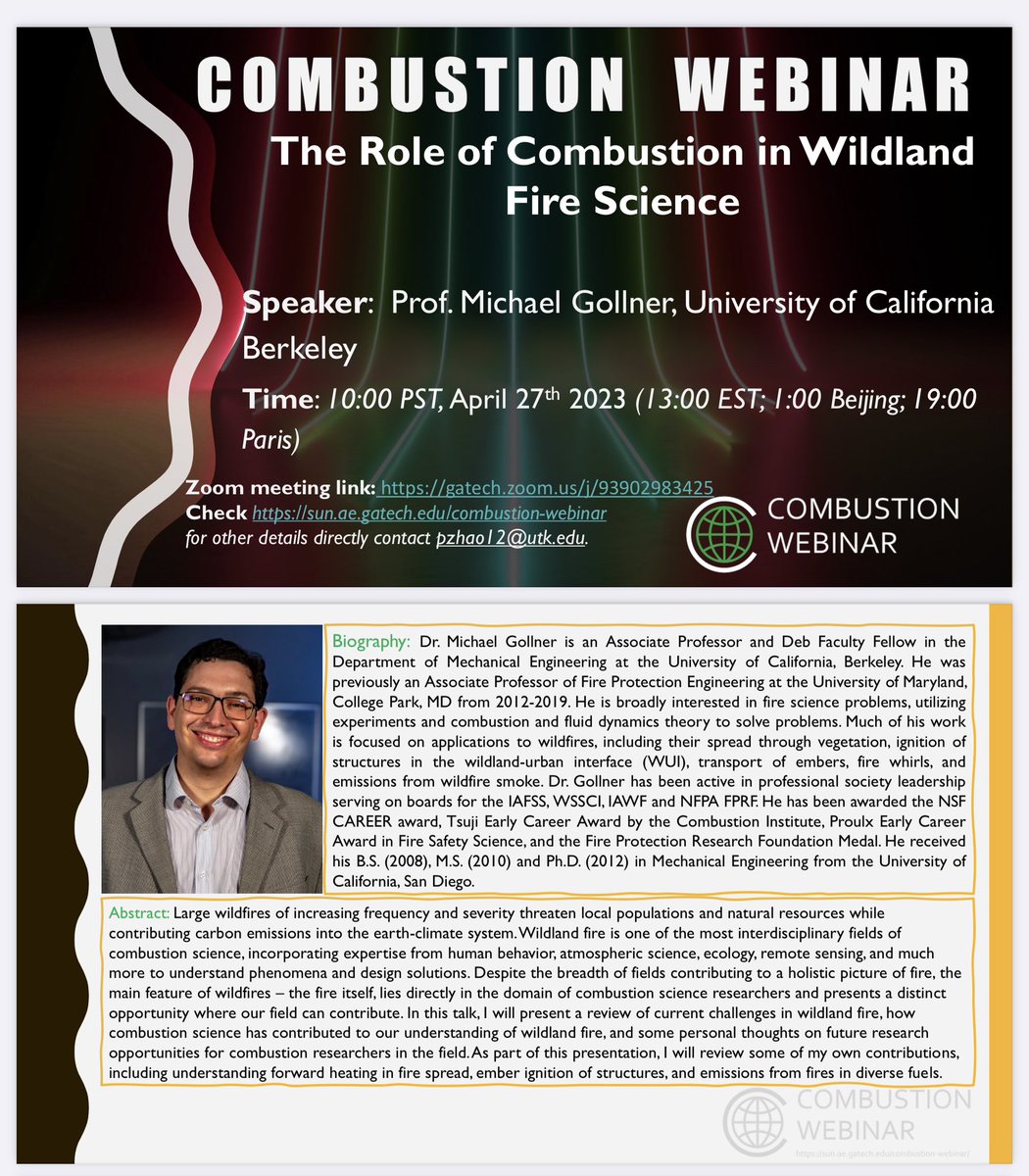 Michael Gollner (@gollnerfire) on Twitter photo Looking forward to giving a <a href="/Combustion_Intl/">The Combustion Institute</a> webinar this Thursday. I will give my take on how combustion research can be applied to wildland fire science. gatech.zoom.us/j/93902983425 Looking forward to giving a <a href="/Combustion_Intl/">The Combustion Institute</a> webinar this Thursday. I will give my take on how combustion research can be applied to wildland fire science. gatech.zoom.us/j/93902983425
