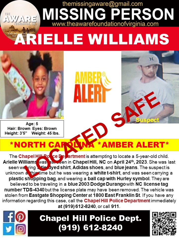 UPDATE: AMBER ALERT CANCELED - Missing girl found safe!!
Arielle Williams has been located and is safe. This is an ongoing investigation. No other details are available at this time.
#ArielleWilliams #AmberAlert #MissingChild #chapelhillnc #NorthCarolina #TheAWAREFoundation