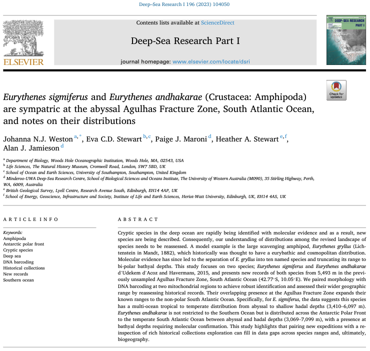 Paige Maroni (@paigemaroni) on Twitter photo Eurythenes sigmiferus and Eurythenes andhakarae (Crustacea: Amphipoda) are sympatric at the abyssal Agulhas Fracture Zone, South Atlantic Ocean, and notes on their distributions
👏 Johanna Weston <a href="/evacdstewart/">Eva Stewart</a> <a href="/HeatherMarGeo/">Heather Stewart</a> <a href="/Hadalbloke/">Alan Jamieson</a>
doi.org/10.1016/j.dsr.… Eurythenes sigmiferus and Eurythenes andhakarae (Crustacea: Amphipoda) are sympatric at the abyssal Agulhas Fracture Zone, South Atlantic Ocean, and notes on their distributions
👏 Johanna Weston <a href="/evacdstewart/">Eva Stewart</a> <a href="/HeatherMarGeo/">Heather Stewart</a> <a href="/Hadalbloke/">Alan Jamieson</a>
doi.org/10.1016/j.dsr.…