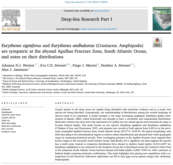 Eurythenes sigmiferus and Eurythenes andhakarae (Crustacea: Amphipoda) are sympatric at the abyssal Agulhas Fracture Zone, South Atlantic Ocean, and notes on their distributions 👏 Johanna Weston @evacdstewart @HeatherMarGeo @Hadalbloke doi.org/10.1016/j.dsr.…