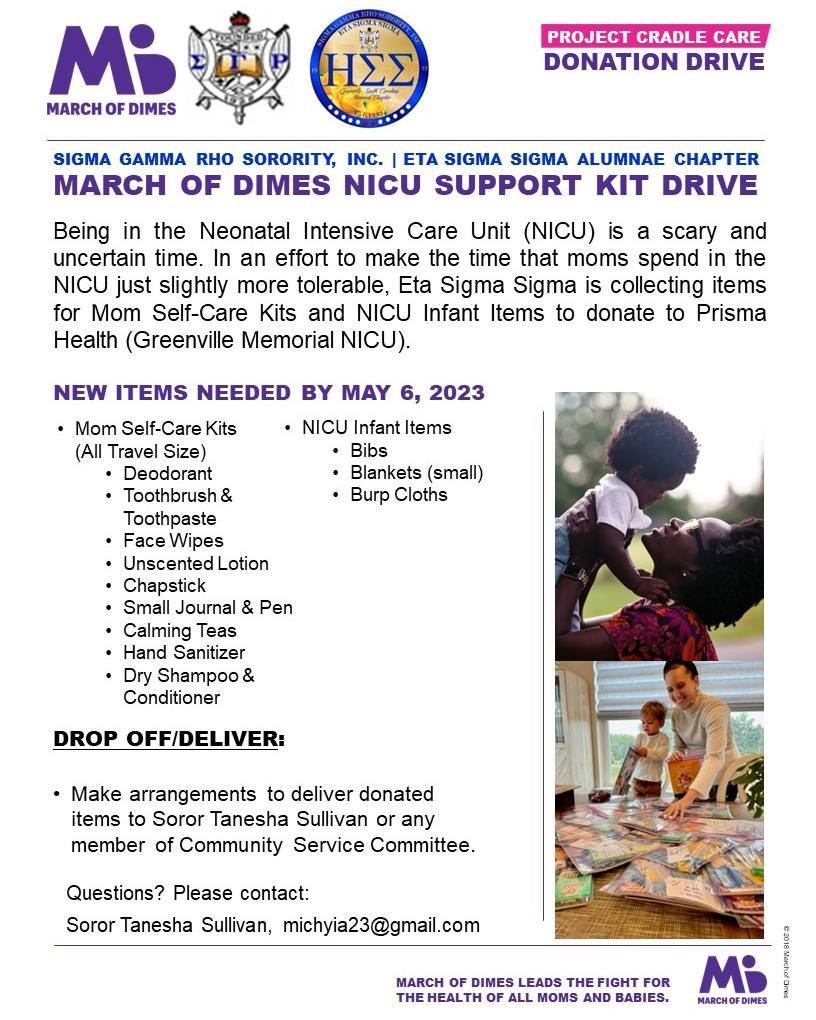 GvilleSCPoodles's tweet image. Now through May 6th,  #EtaSigmaSigma is collecting items for Mom Self-Care Kits and NICU Infant Items to donate to Prisma Health (Greenville Memorial NICU).

Donate today!

#ProjectCradleCare
#MarchOfDimes
#SigmaGammaRho
#UpstatePoodles
#GreenvilleSCPoodles
#SGRho100 #Greater