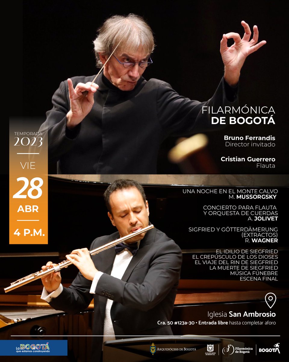 filarmonibogota's tweet photo. Esta semana llegamos a la localidad de @AlcaldiaSuba11 👉🏻 

28 de abril a las 4p.m. en la Iglesia San Ambrosio, con la Orquesta Filarmónica de Bogotá y el solista Cristian Guerrero - Flauta, bajo la dirección de Bruno Ferrandis.

✅ Entrada libre. 
🚩 Cra. 50 #123a-30. https://t.co/Ewxrfnhewi