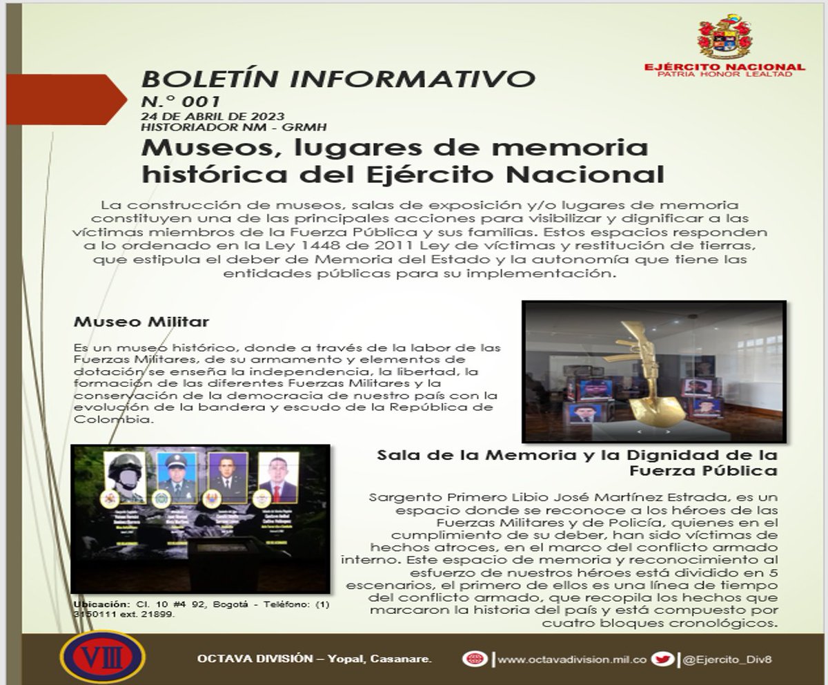 Ejercito_Div8's tweet photo. #ParaNoOlvidar | En los Museos Militares y lugares de memoria se dignifica y visibiliza a las víctimas miembros de la Fuerza Pública y sus familias, en cumplimiento a la Ley 1448 de 2011 de víctimas y restitución de tierras. 

Entérate! #DaleClick 👉 https://t.co/OZvFc99SN4 https://t.co/RkBSPq6QiQ