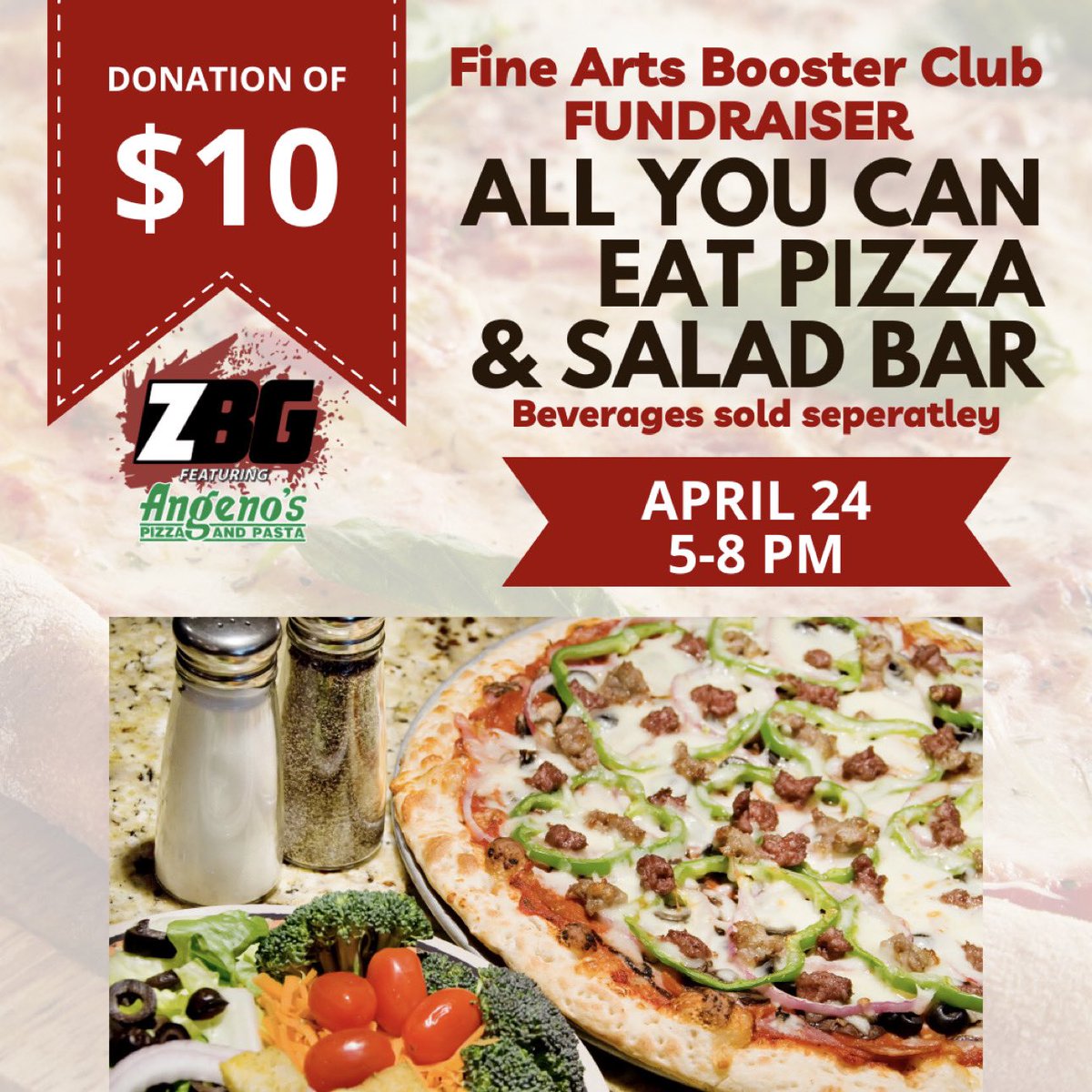 Zimmerman Bar and Grill Angeno’S Pizza &amp; Community 💙🖤’s our ZHS students! 10$pp all you can eat salad and pizza! Right now!!! Open till 8pm . 
100% goes to Zimmerman Fine Arts Booster Club!! Thanks for the hustle Angeno’s Staff!