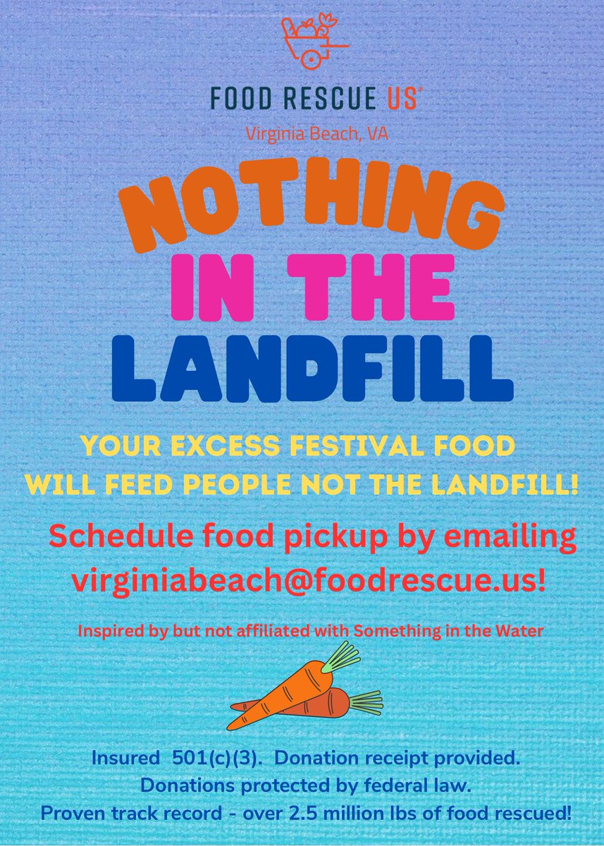 Restaurants, we can help make sure any excess unserved food for @somethinginthewater & future festivals #fillsplatesnotlandfills!! 🫶🍽️ @thevibecreativedistrict @VBrestaurants @vbhotels @towncenterofvirginiabeach
#endhunger #endfoodwaste 🧡

@foodrescueus #betherescue