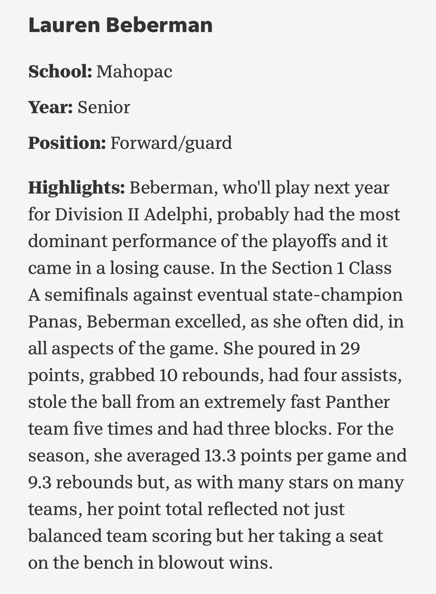 JennBeberman's tweet photo. Congratulations @Lauren_Beberman for earning All-State 8th team and 1st team All Lohud Putnam/Westchester team honors this week!!! So Proud!!! Many great things to come @AdelphiWBB 
@pacgirls_bball @Mahopac_AD @NY_ExtremeHoops @jbyankeefan https://t.co/TH3W453Lcs