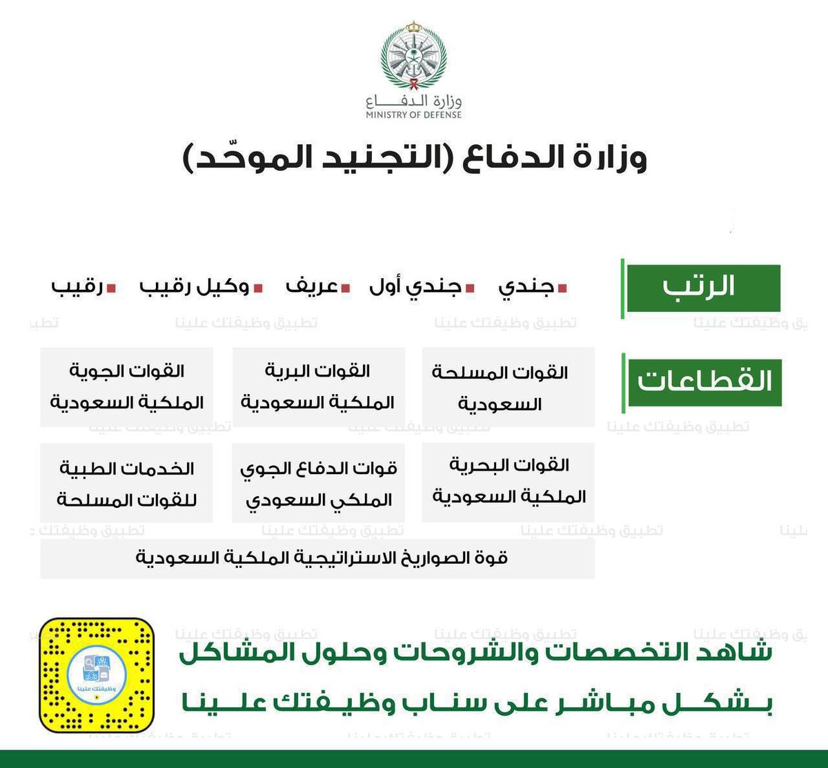 KSA_iiii's tweet photo. #عاجل 
#وزارة_الدفاع 
#التجنيد_الموحد_وزارة_الدفاع 

تمت إضافة التخصصات المطلوبة (التجنيد الموحد)

وزارة الدفاع تعلن بدء التقديم على (التجنيد الموحّد) رجال ونساء من حملة (الثانوية فما فوق) برتبة (جندي، جندي أول، عريف، وكيل رقيب، رقيب)

🗓 يبدأ التقديم ١٠ شوال.

للتقديم (https://t.co/pe4hTk6c7Q)