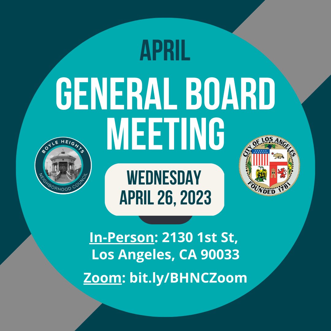 Join us Wednesday for our monthly General Board Meeting on Zoom and in person in City Hall's Community Room at 2130 1st St.

Este miércoles tendremos nuestra Junta General en Zoom y tambien en persona en el Salón Comunitario del Ayuntamiento de Boyle Heights en 2130 1st St.
