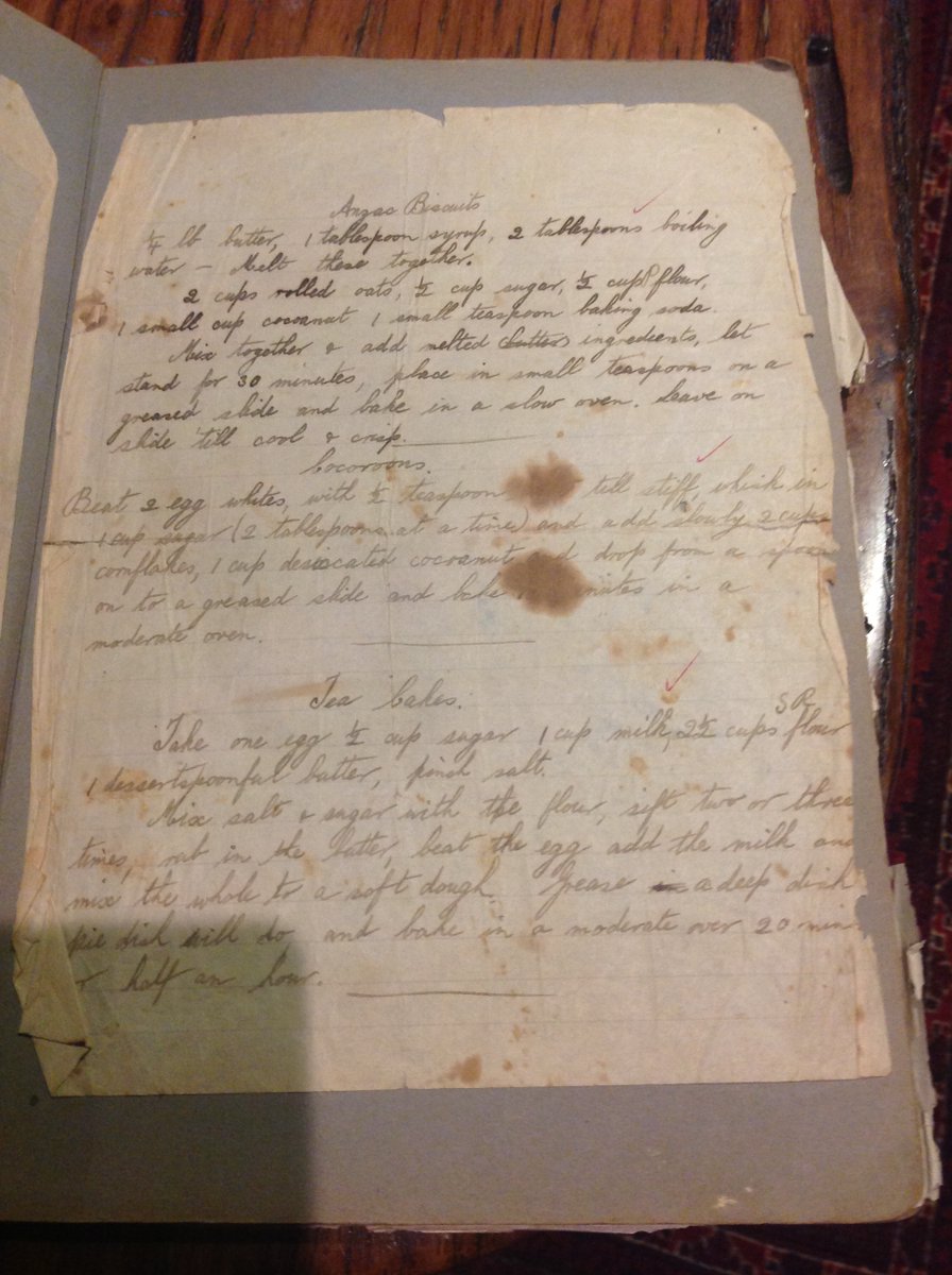 This may be the oldest known recipe that named the biscuits 'Anzacs' in 1916, written by my grandmother Thelma Edwards née Sheldon.
Grandma sent them (&amp; fruit cakes) to soldiers overseas-  they last for months.  
She was still making Anzac biscuits until 2 years before she died.