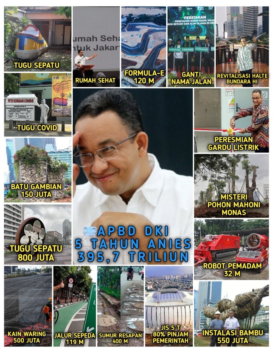 APBD DKI Rp.395, 7 Triliun , tapi program Anies tidak ada hasil yg bermanfaat untuk rakyat

Anak putus sekolah masih tinggi.
Kemiskinan Ekstrim masih banyak.
Balita bergizi buruk angkanya tinggi.
Sanitasi warga DKI sangat buruk.
Banyak warga DKI yg tidak punya rumah layak huni.