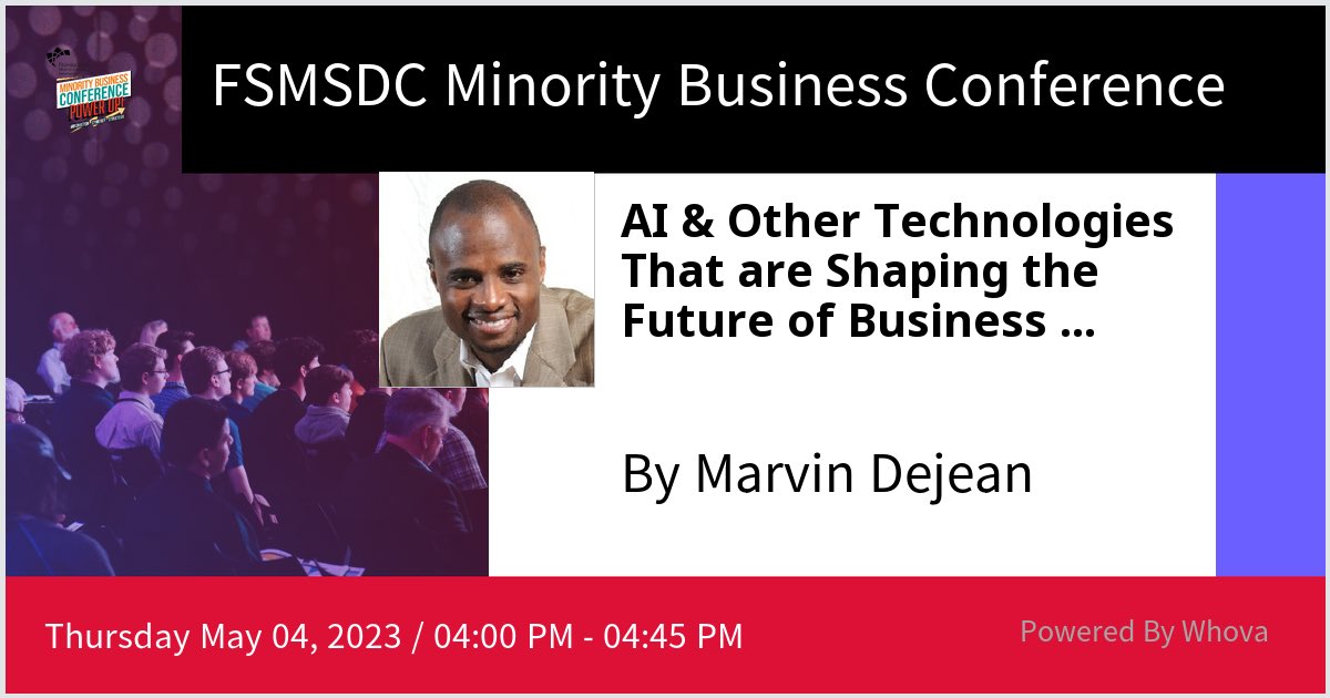 MDejean's tweet photo. I am speaking at FSMSDC Minority Business Conference. Please check out my talk if you're attending the event! #FSMSDCMinorityBusinessConference #FSMSDCMBC23 - via #Whova event app https://t.co/JRKSh3yrhe