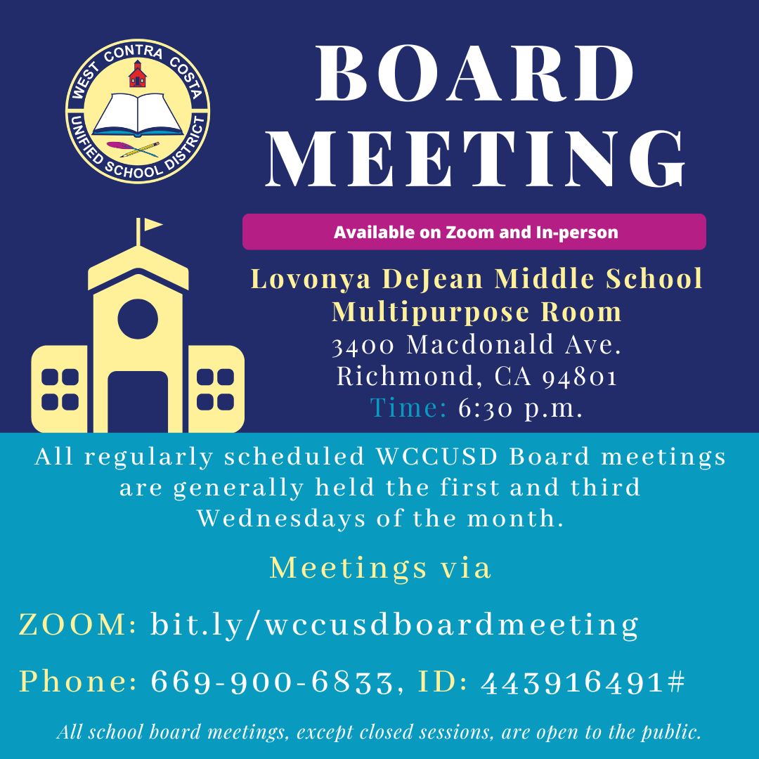 The next Board meeting is Wednesday, April 26, 2023, at 6:30 p.m. Zoom: bit.ly/wccusdboardmee… Phone: 669-900-6833 ID: 443916491 Agendas: simbli.eboardsolutions.com/.../SB_Meeting…...