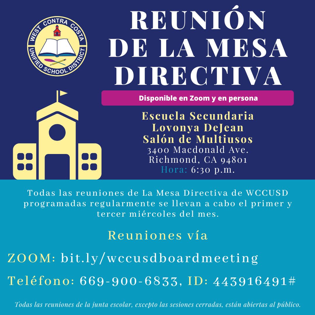 Hay una reunión regular de la Mesa Directiva programada para el miércoles 26 de abril de 2023 a las 6:30 p.m.
Zoom: bit.ly/wccusdboardmee…
Teléfono: 669-900-6833
ID: 443916491
Agendas: simbli.eboardsolutions.com/.../SB_Meeting…...